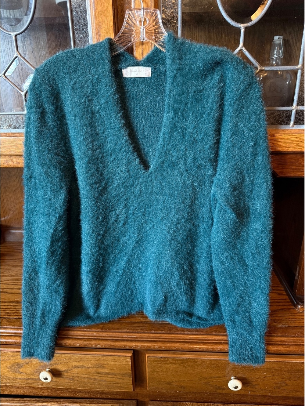 Altar'd State Fuzzy V-Neck Sweater M Dark Teal Green Eyelash Knit Pullover